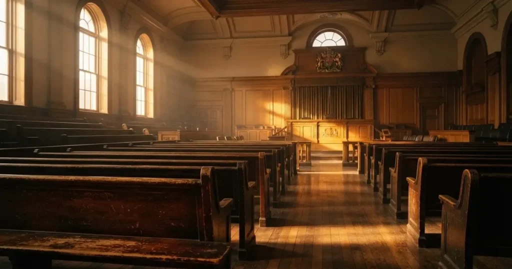 An empty courtroom with wooden benches in morning light