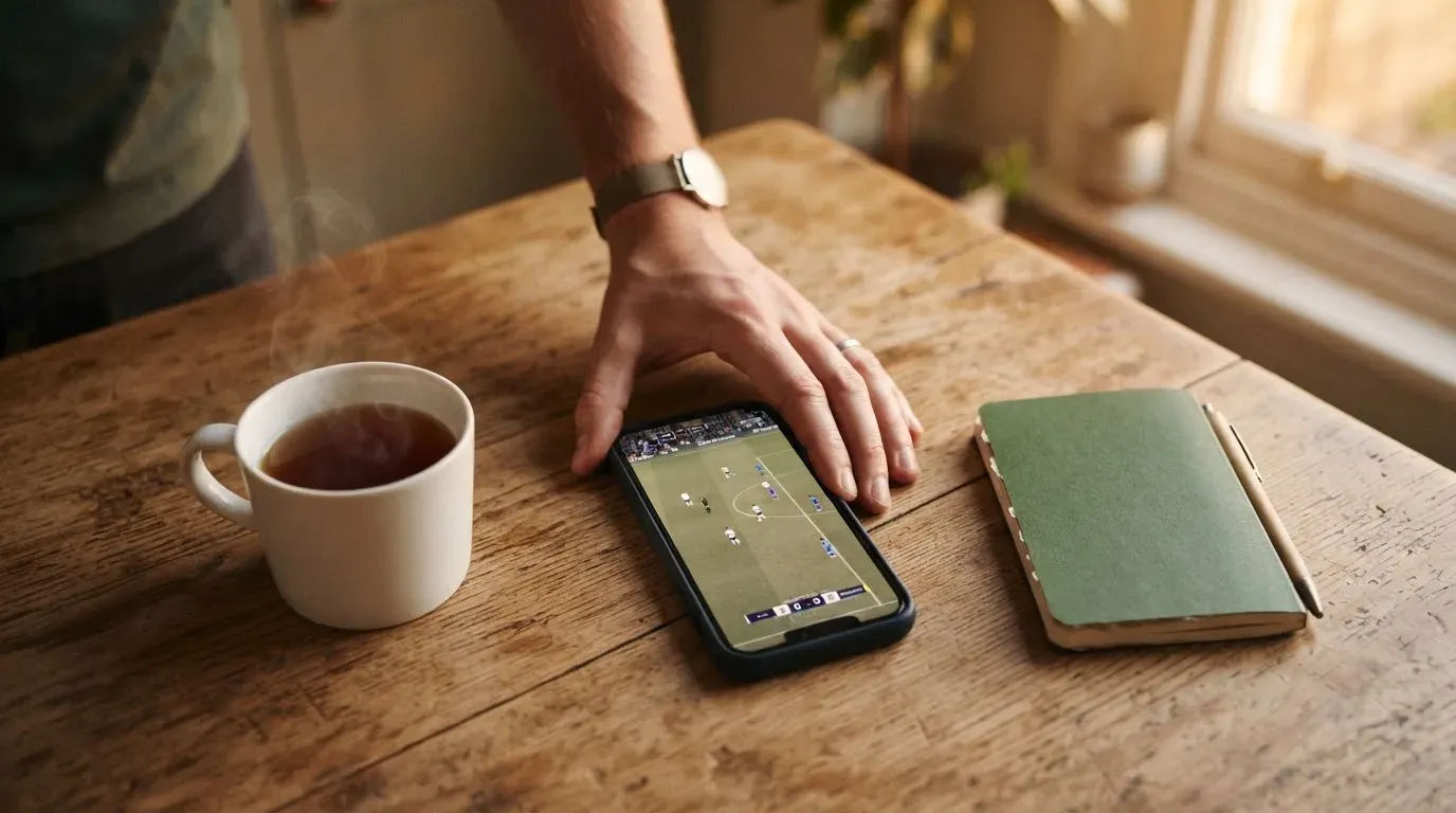 A hand setting a smartphone down beside a cup of tea on a kitchen table on a quiet evening