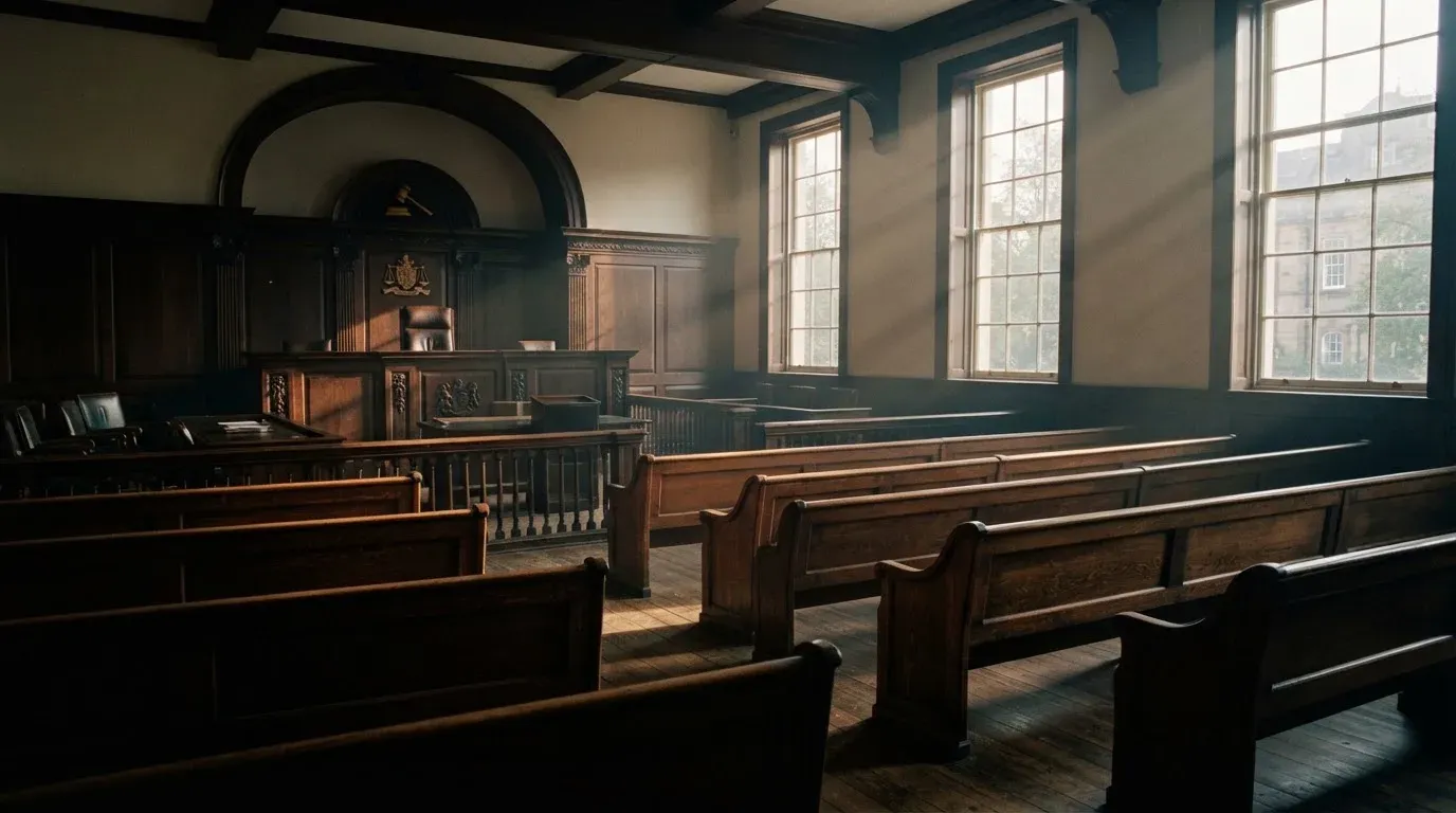 An empty courtroom with wooden benches in morning light