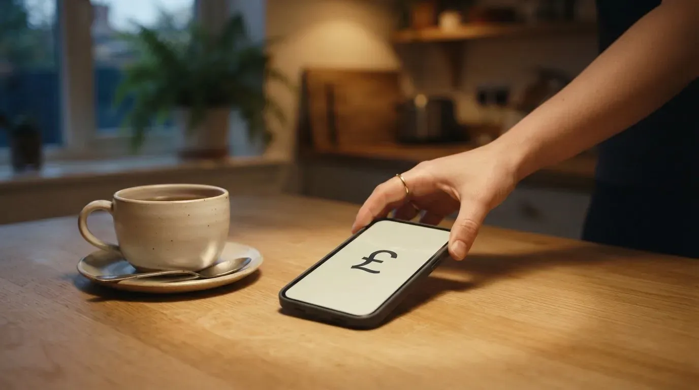 A hand setting a smartphone down beside a cup of tea on a kitchen table on a quiet evening
