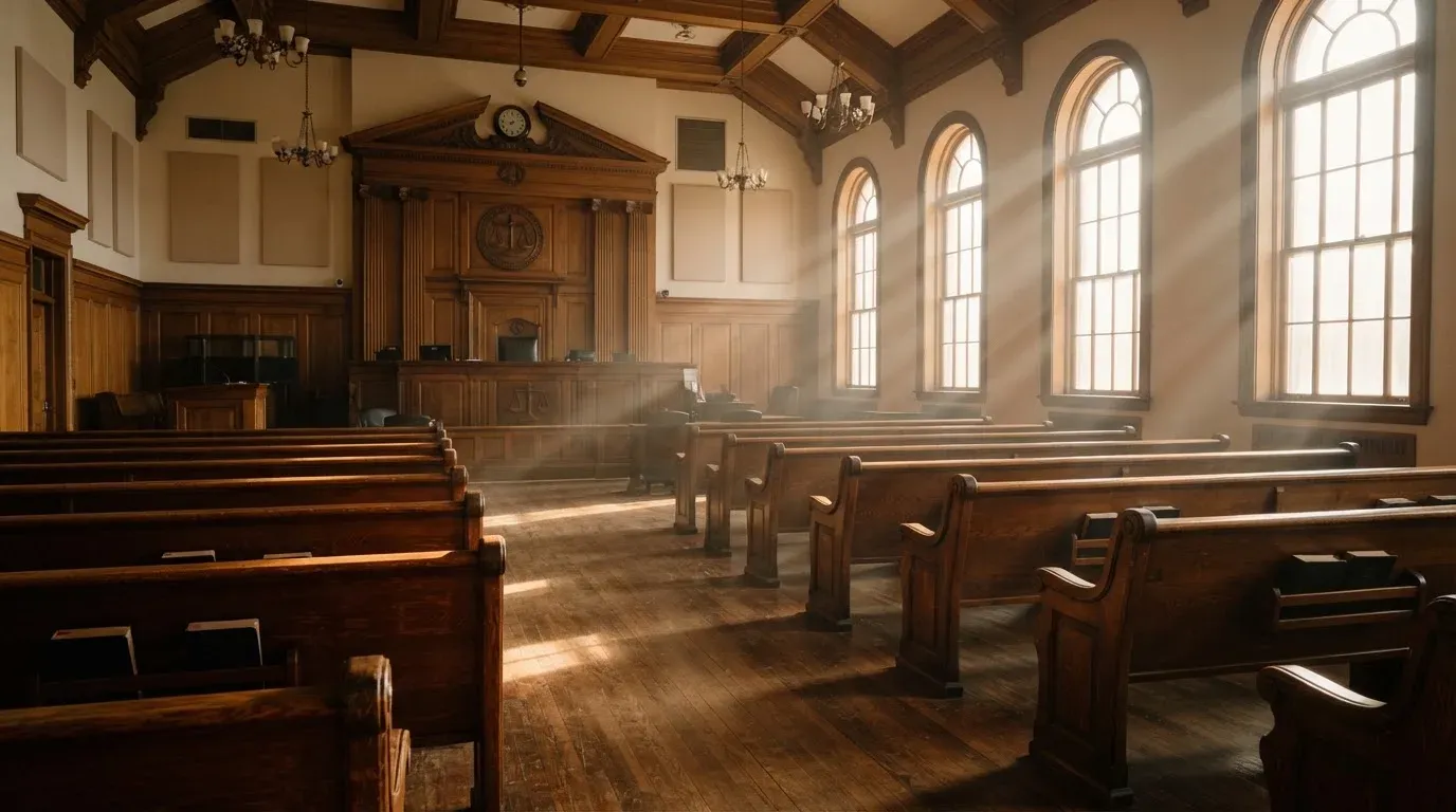 An empty courtroom with wooden benches in morning light