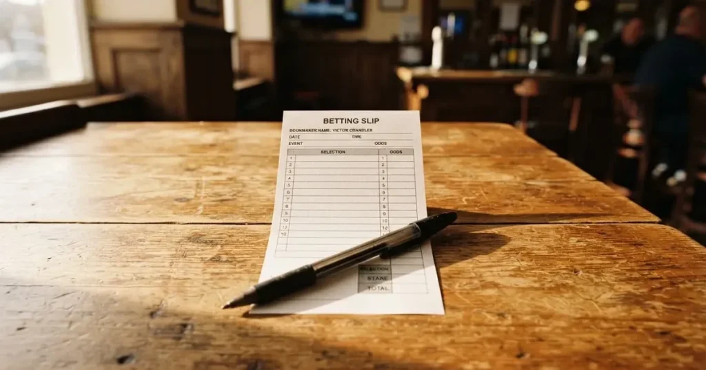 A blank paper betting slip beside a pen on a wooden counter