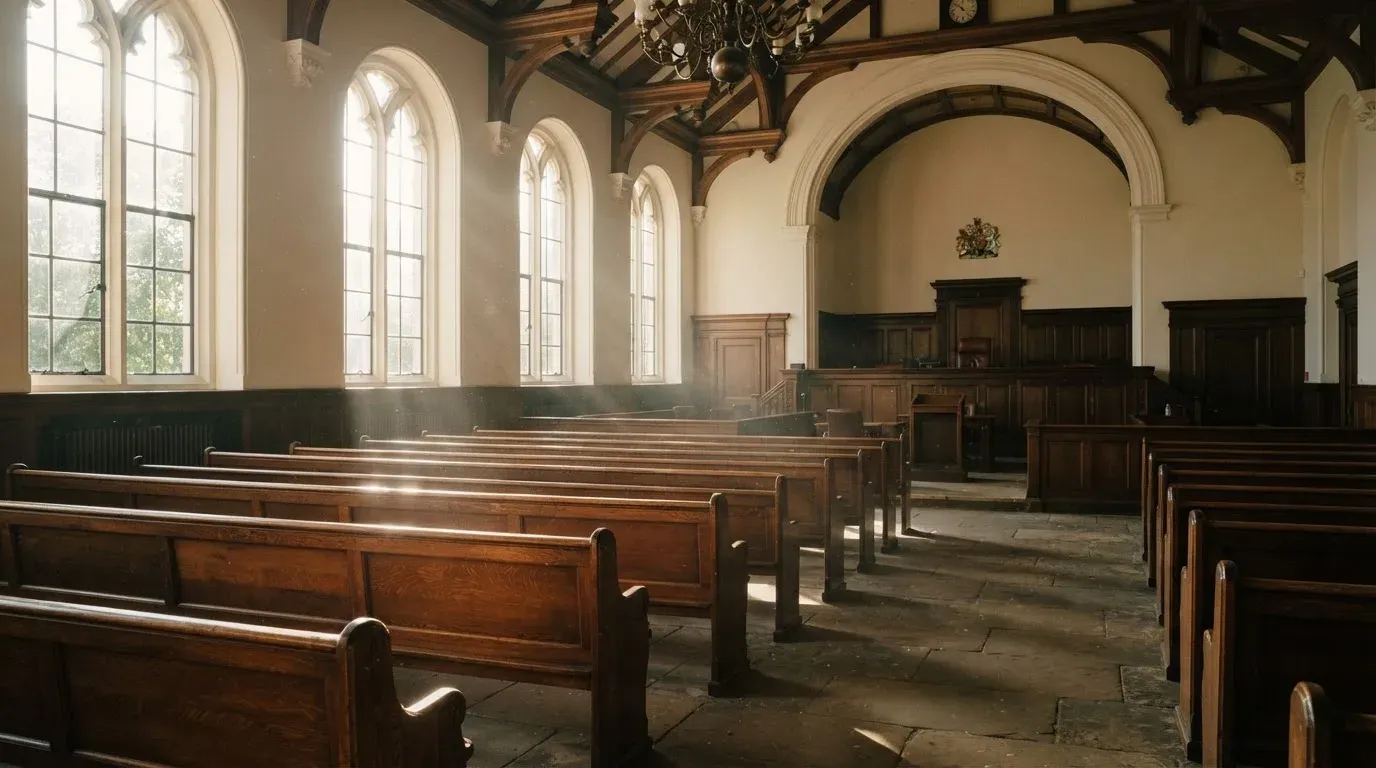 An empty courtroom with wooden benches in morning light