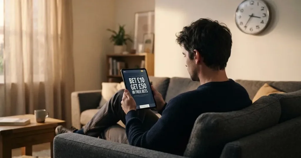 A person on a sofa looking thoughtfully at a tablet, a wall clock in the background