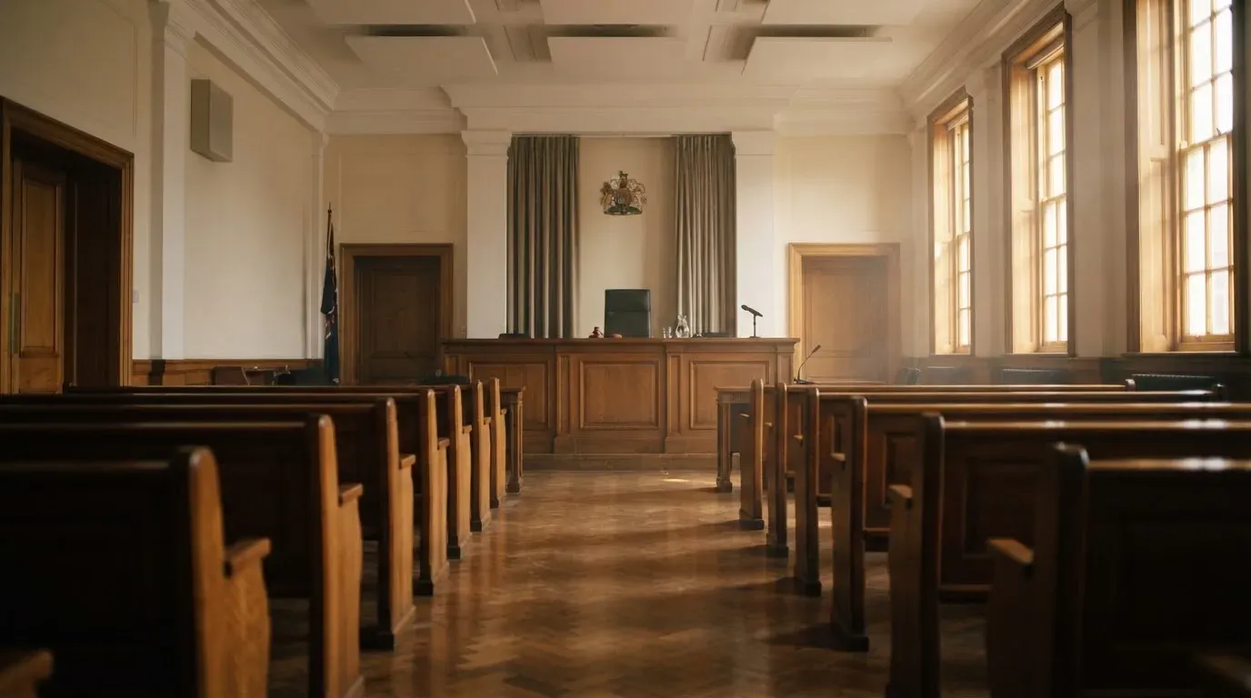 An empty courtroom with wooden benches in morning light