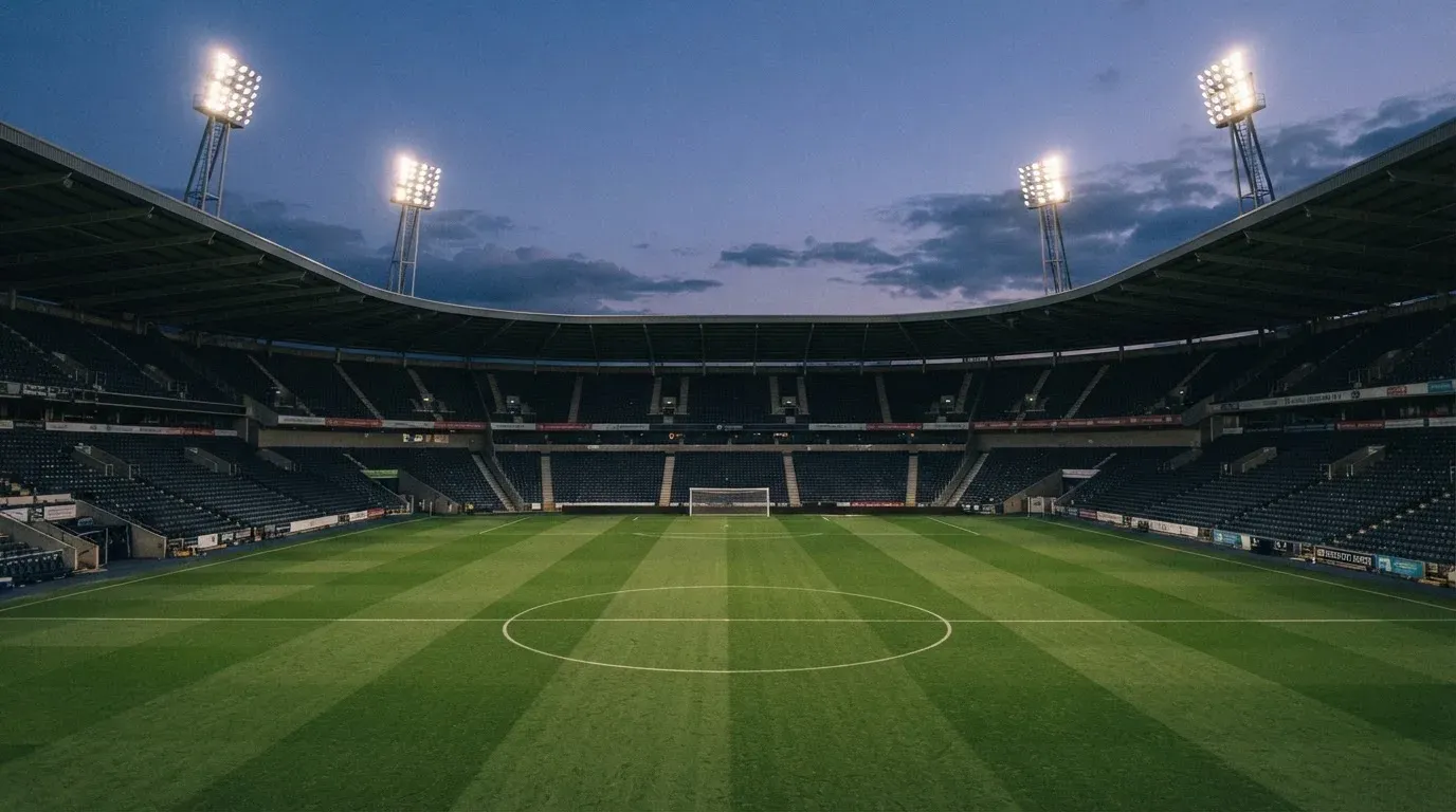 An empty football stadium with floodlight masts at dusk