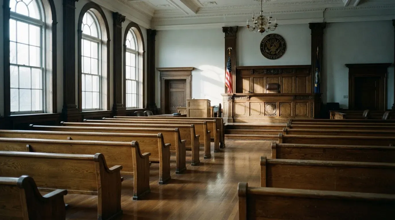 An empty courtroom with wooden benches in morning light