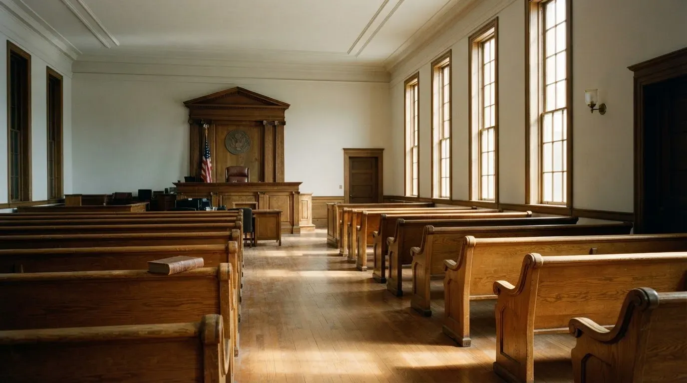 An empty courtroom with wooden benches in morning light