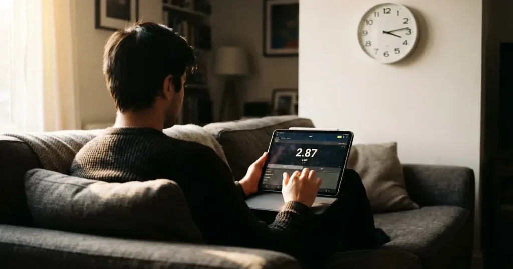 A person on a sofa looking thoughtfully at a tablet, a wall clock in the background
