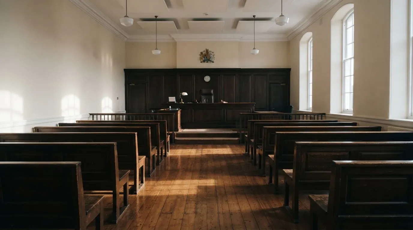 An empty courtroom with wooden benches in morning light