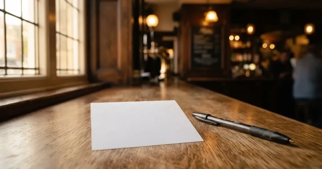 A blank paper betting slip beside a pen on a wooden counter