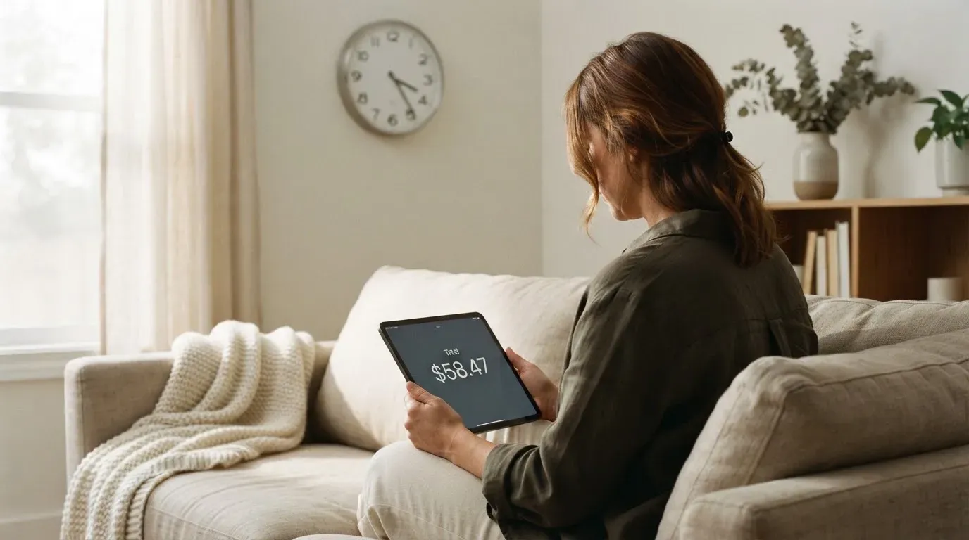 A person on a sofa looking thoughtfully at a tablet, a wall clock in the background