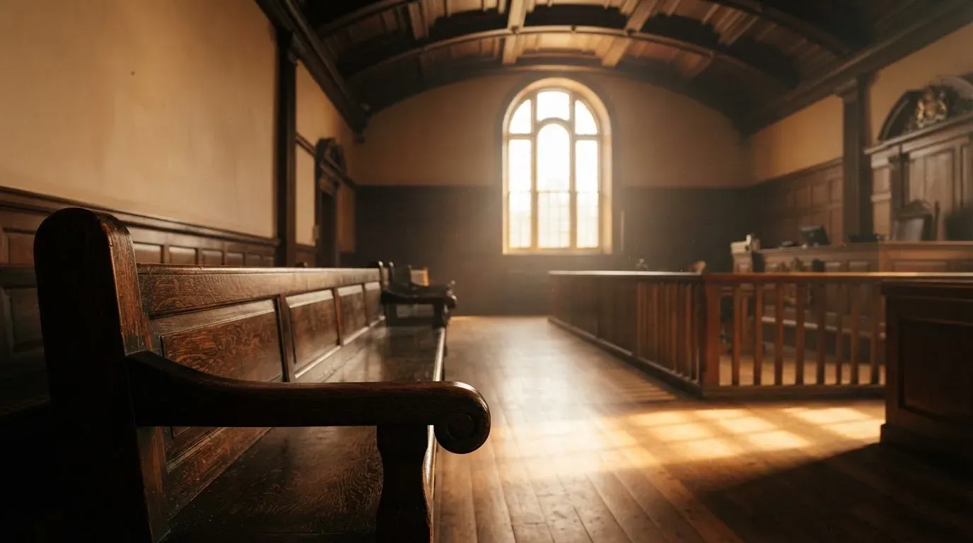 An empty courtroom with wooden benches in morning light