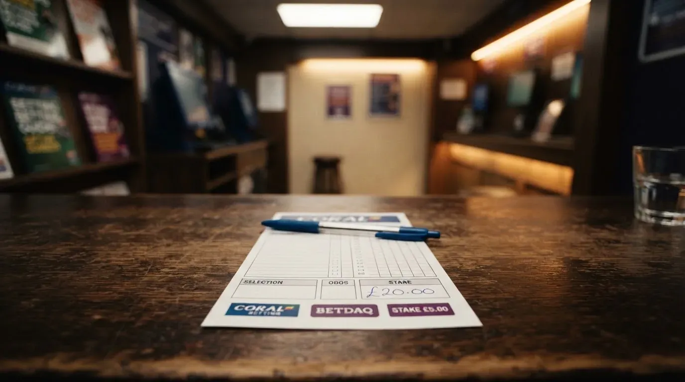 A blank paper betting slip beside a pen on a wooden counter