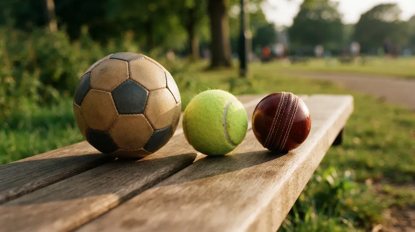 Three balls of different kinds side by side on a wooden bench