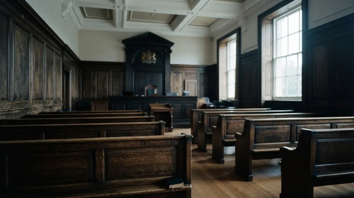 An empty courtroom with wooden benches in morning light