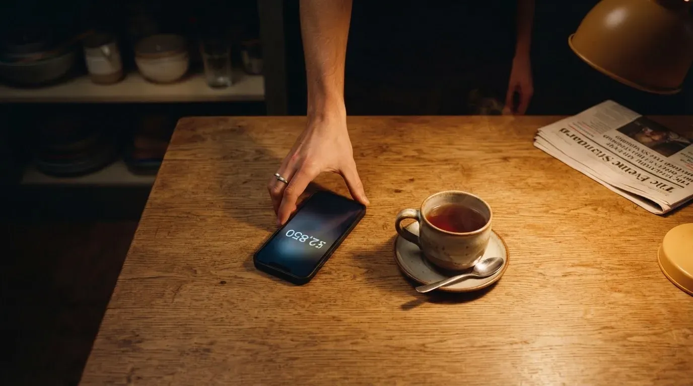 A hand setting a smartphone down beside a cup of tea on a kitchen table on a quiet evening