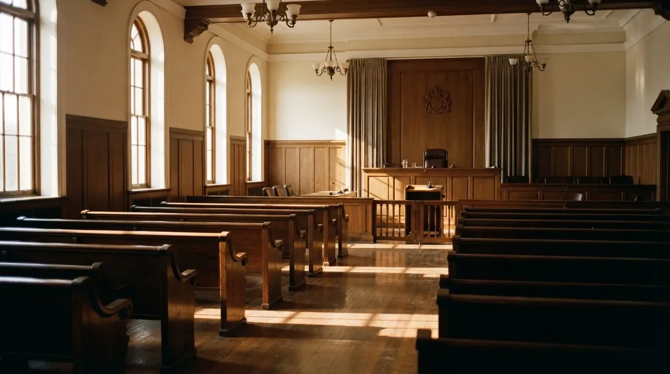 An empty courtroom with wooden benches in morning light
