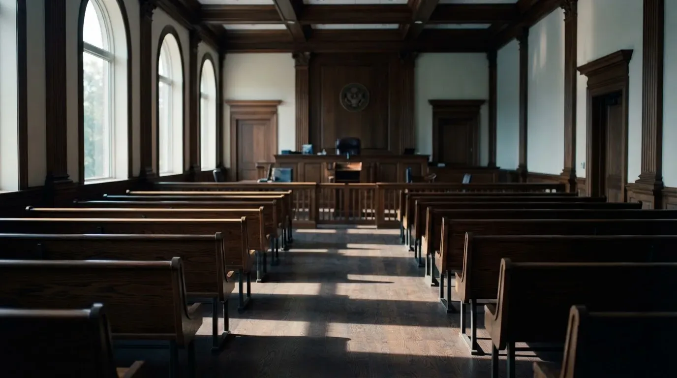 An empty courtroom with wooden benches in morning light