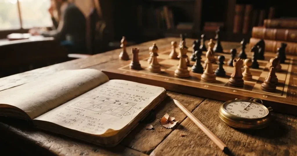 An open notebook with a pencil and a stopwatch on a wooden table