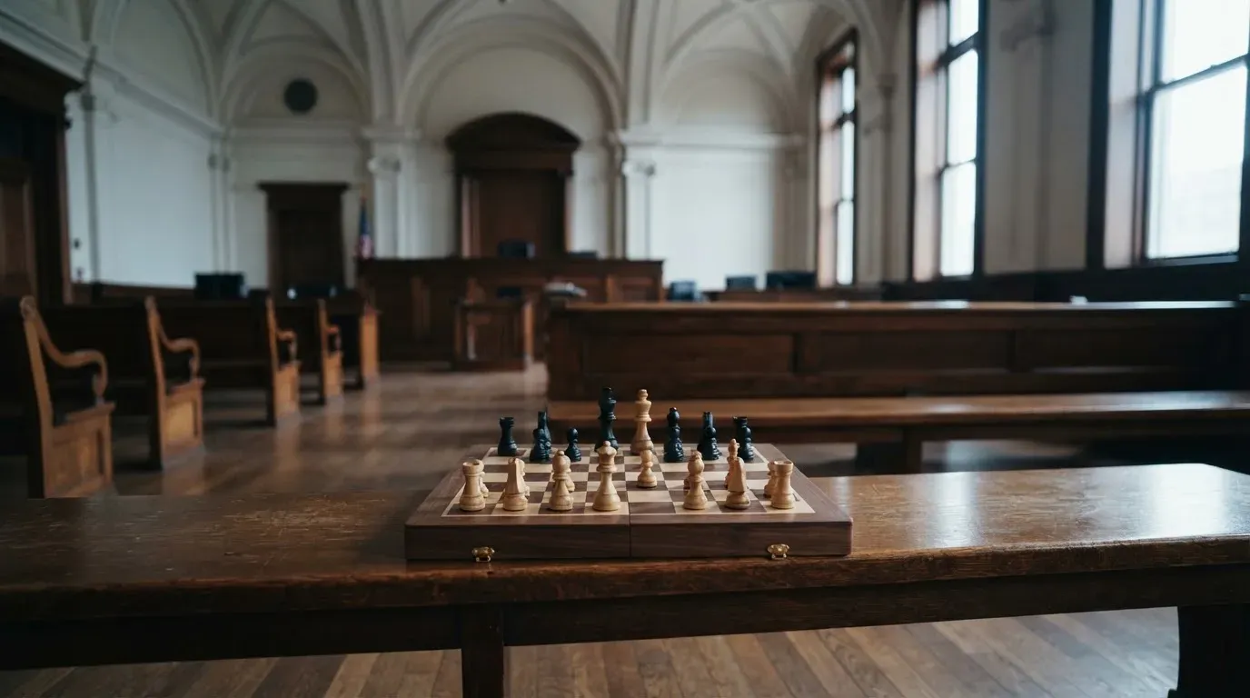 An empty courtroom with wooden benches in morning light