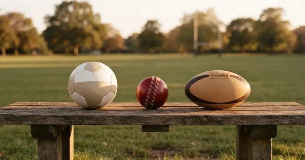 Three balls of different kinds side by side on a wooden bench