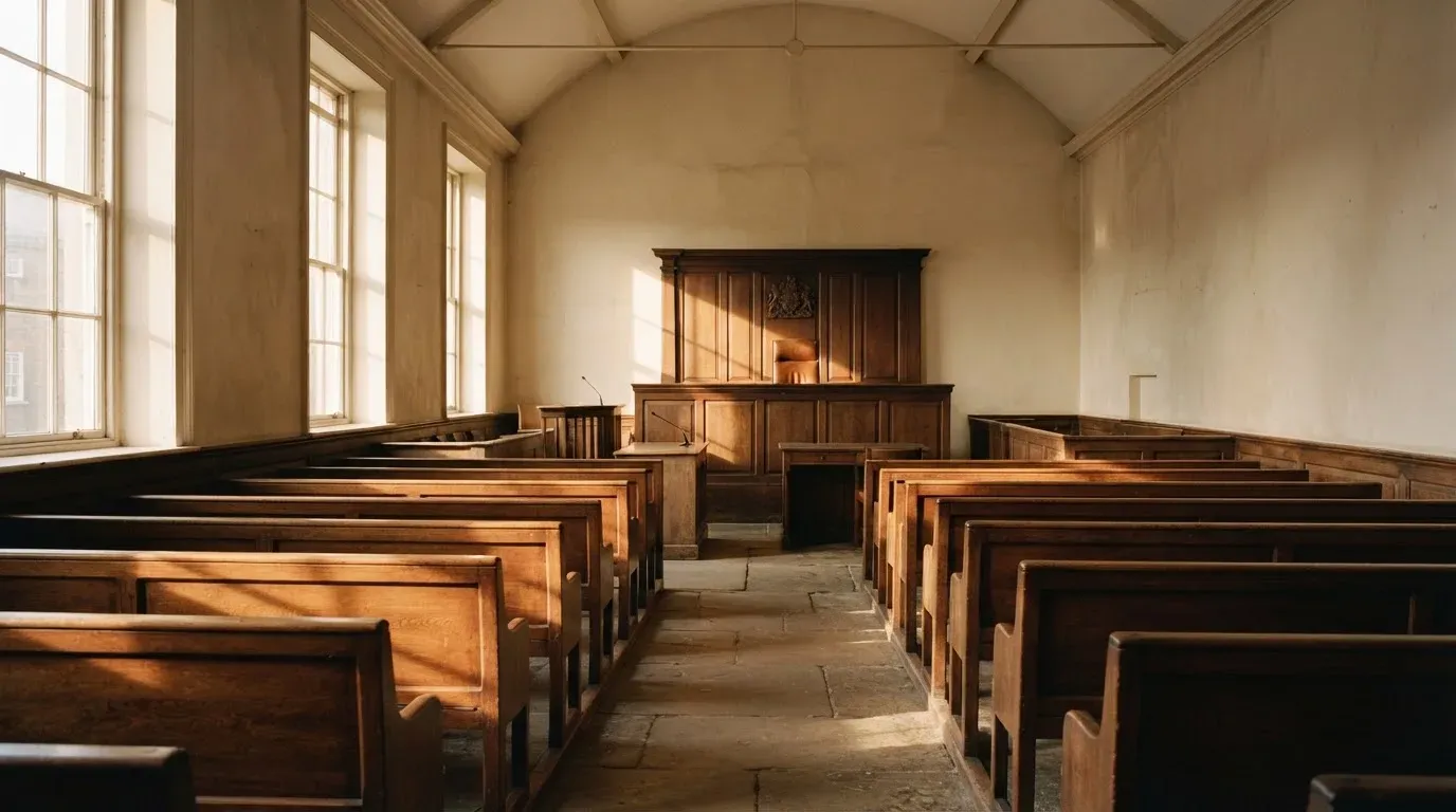 An empty courtroom with wooden benches in morning light