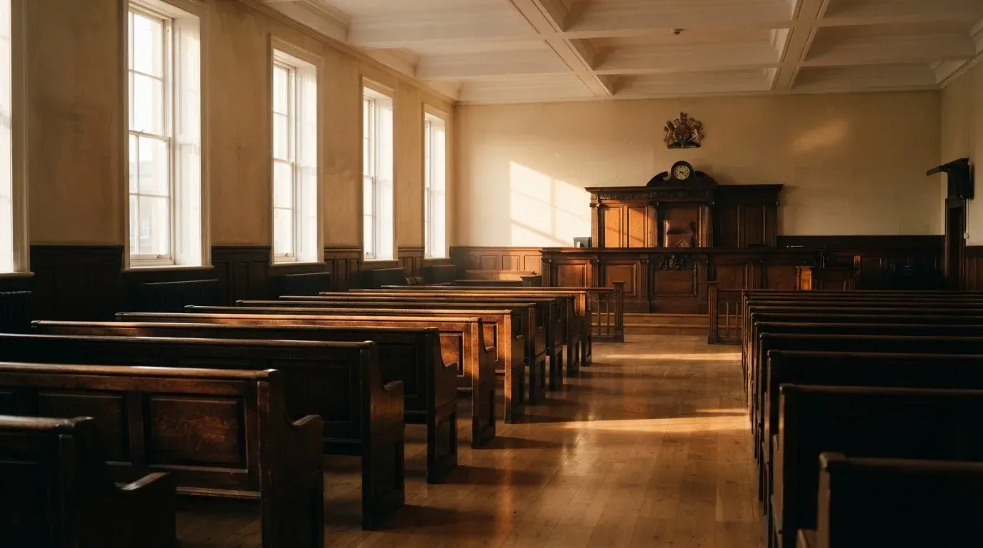 An empty courtroom with wooden benches in morning light