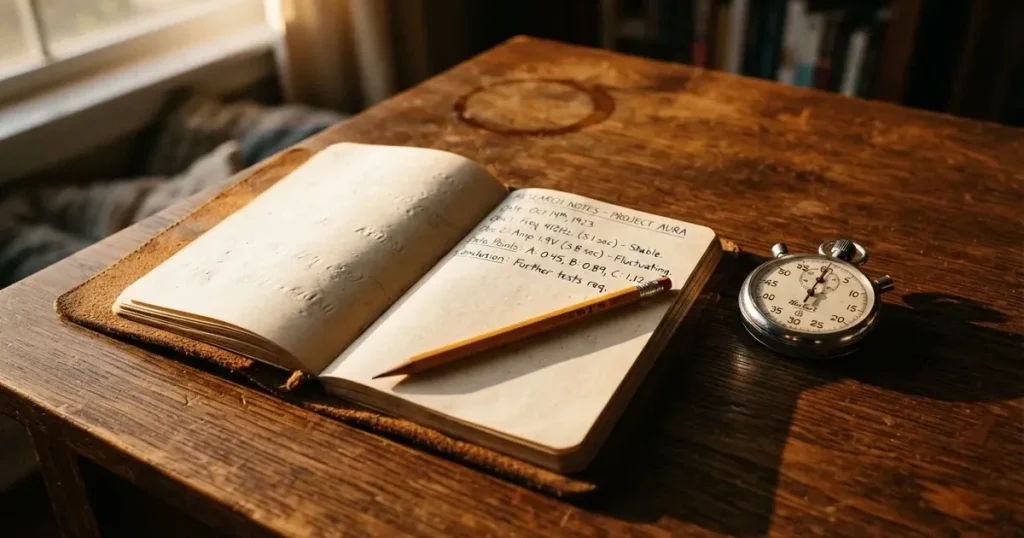 An open notebook with a pencil and a stopwatch on a wooden table
