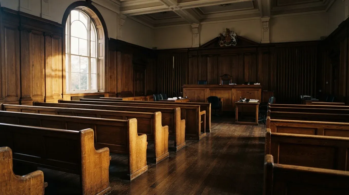 An empty courtroom with wooden benches in morning light
