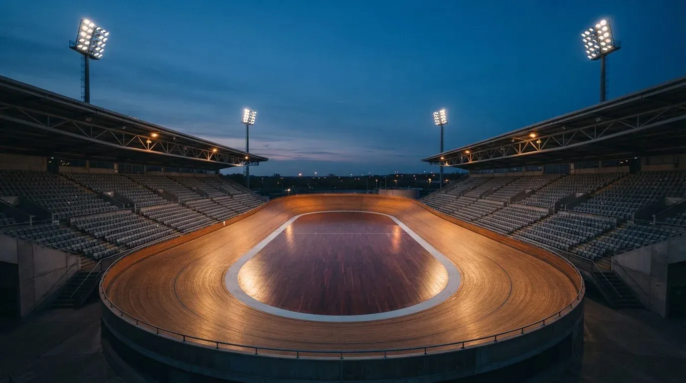 An empty football stadium with floodlight masts at dusk