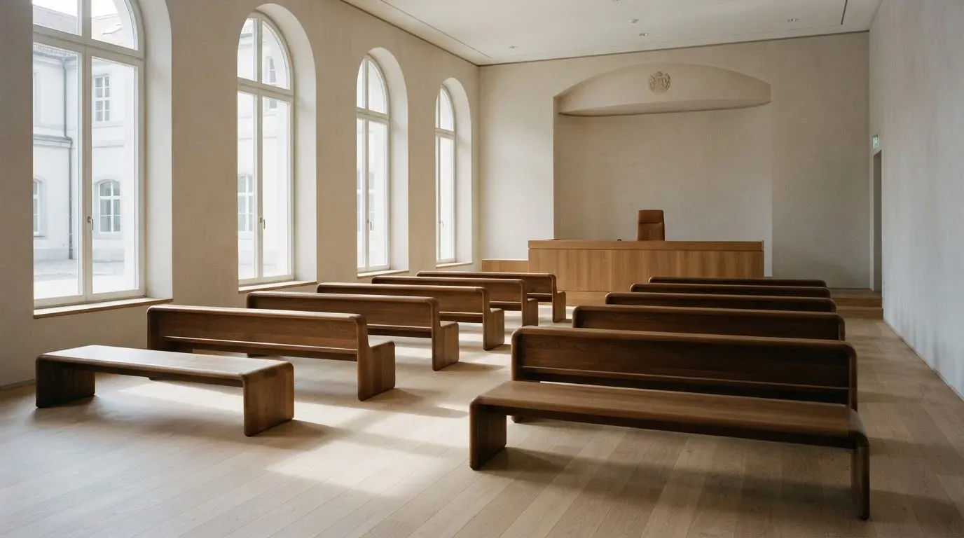 An empty courtroom with wooden benches in morning light