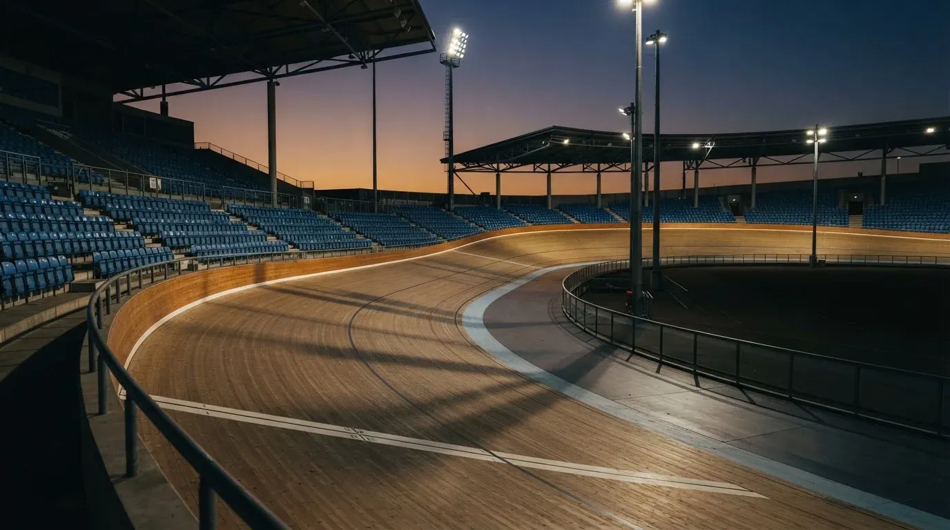 An empty football stadium with floodlight masts at dusk