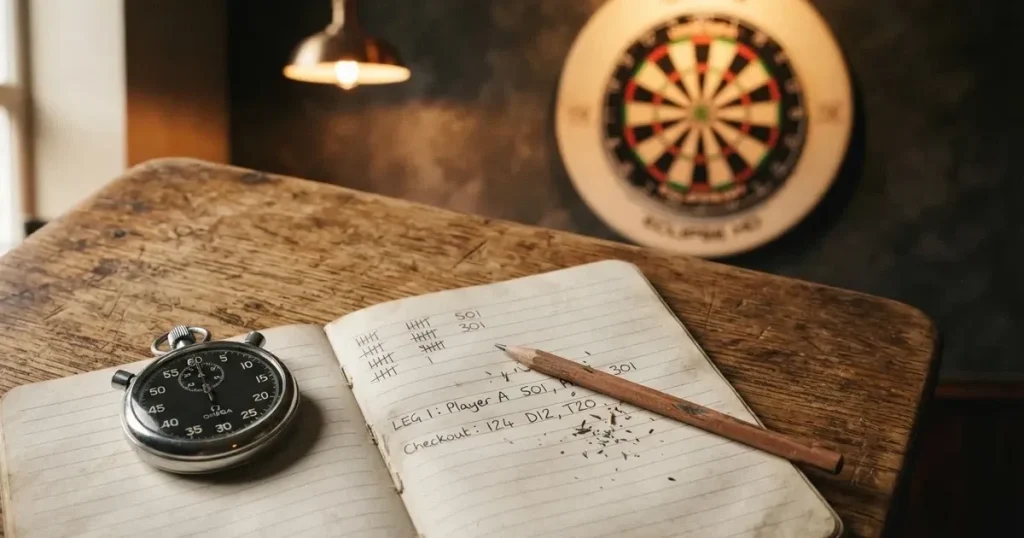 An open notebook with a pencil and a stopwatch on a wooden table