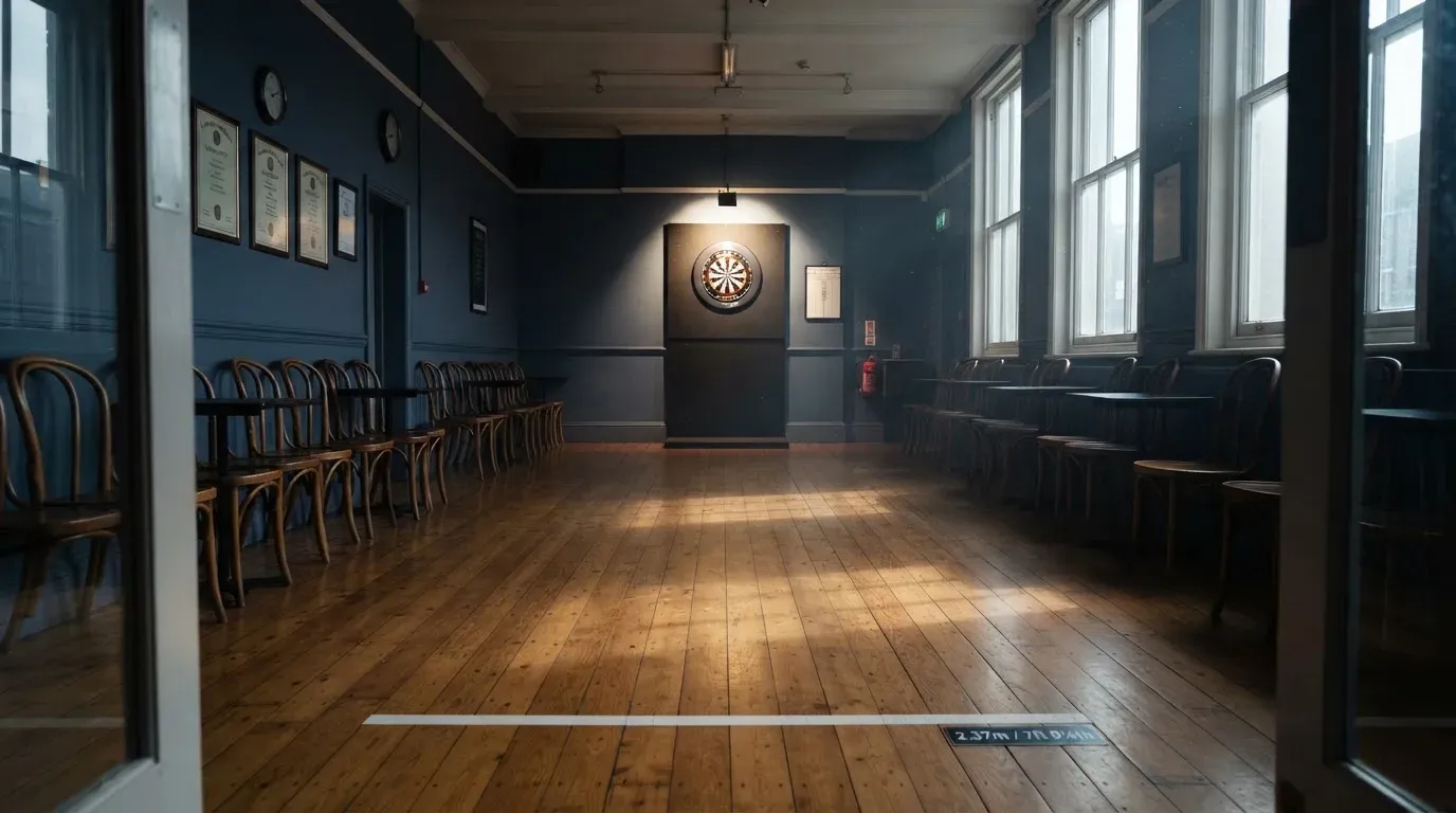 An empty courtroom with wooden benches in morning light