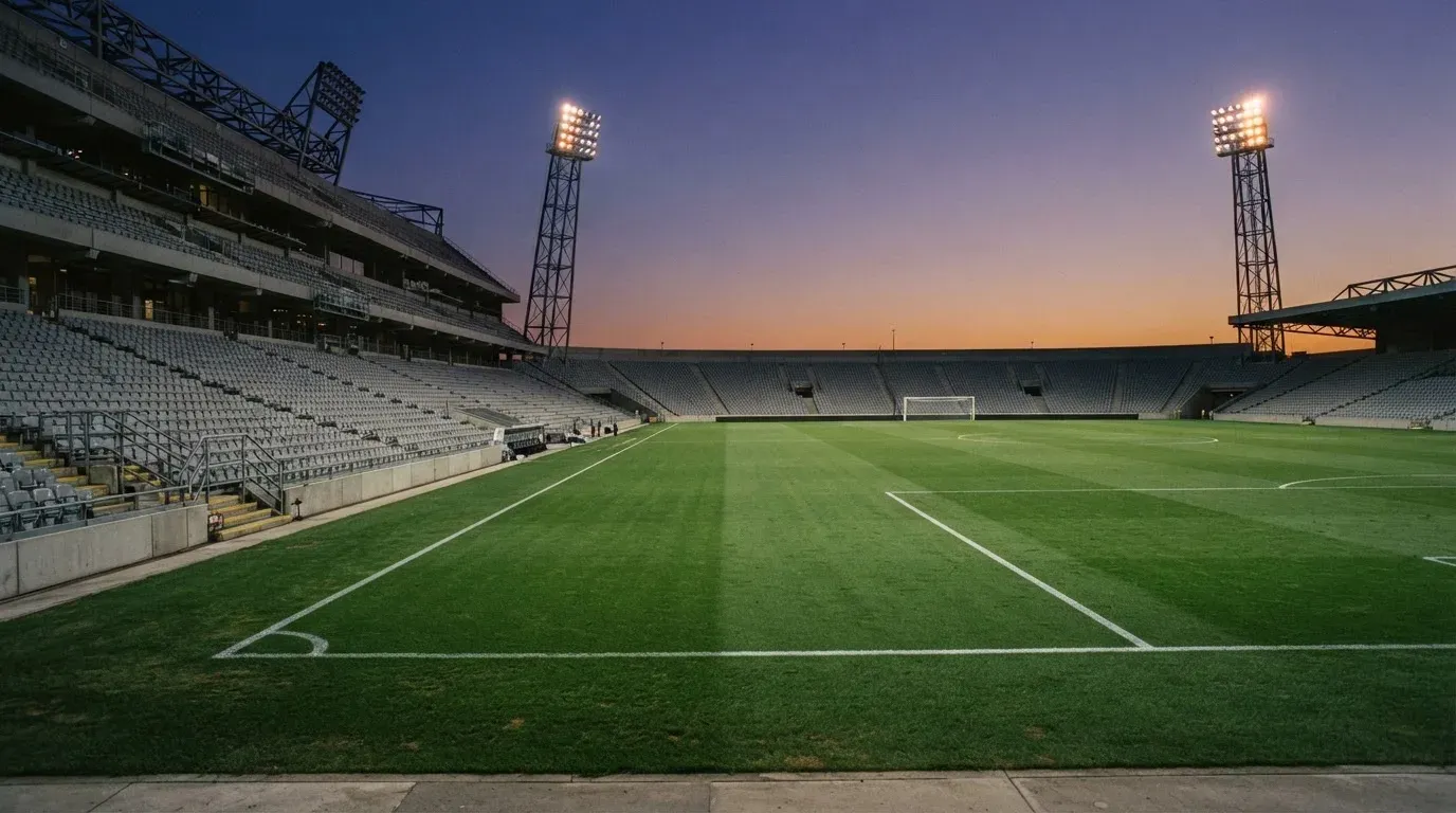 An empty football stadium with floodlight masts at dusk