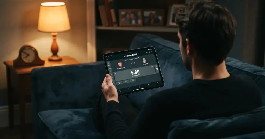 A person on a sofa looking thoughtfully at a tablet, a wall clock in the background