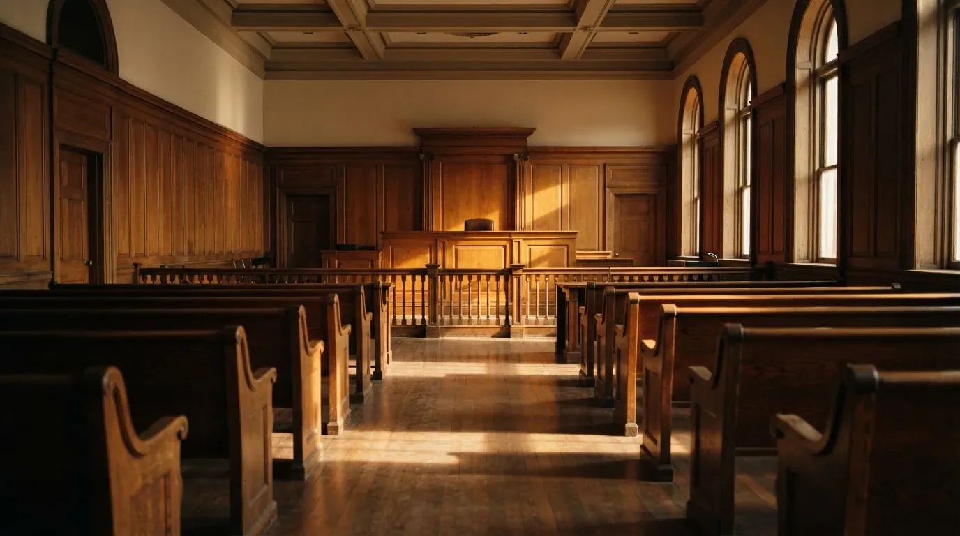 An empty courtroom with wooden benches in morning light