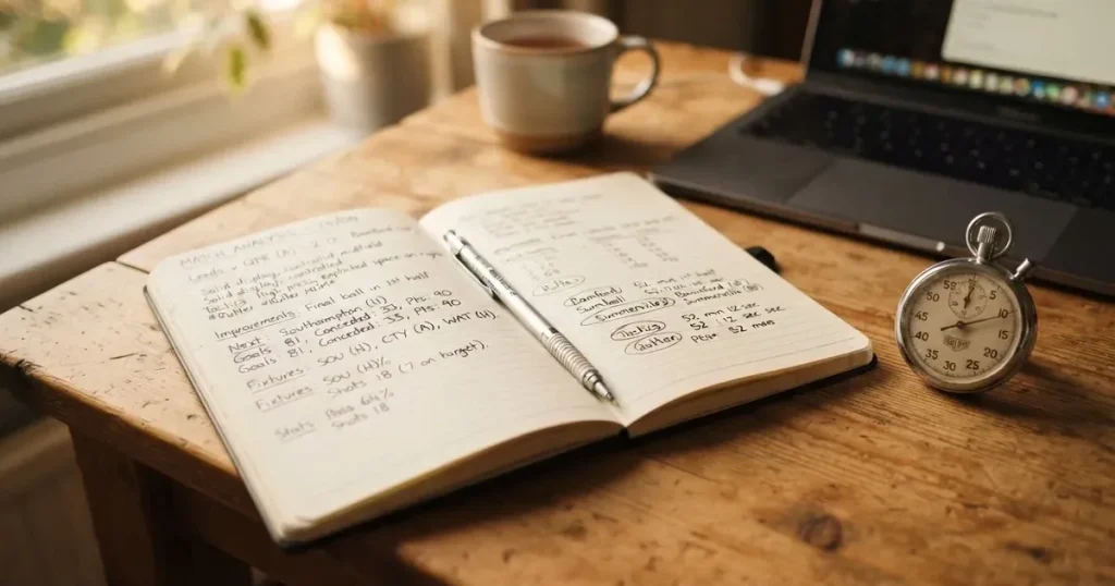 An open notebook with a pencil and a stopwatch on a wooden table