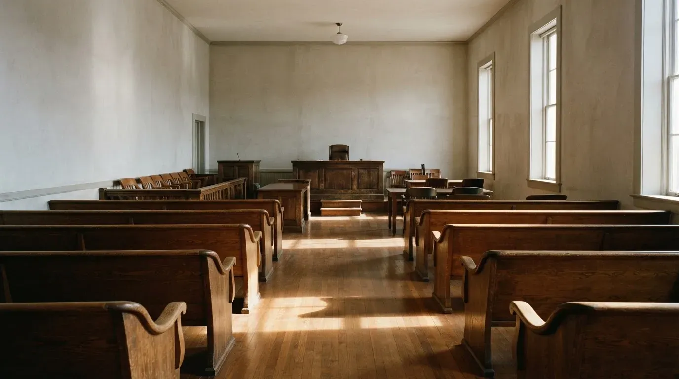 An empty courtroom with wooden benches in morning light