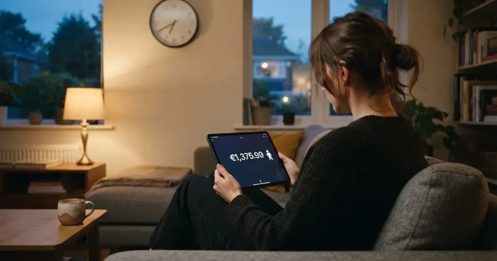 A person on a sofa looking thoughtfully at a tablet, a wall clock in the background