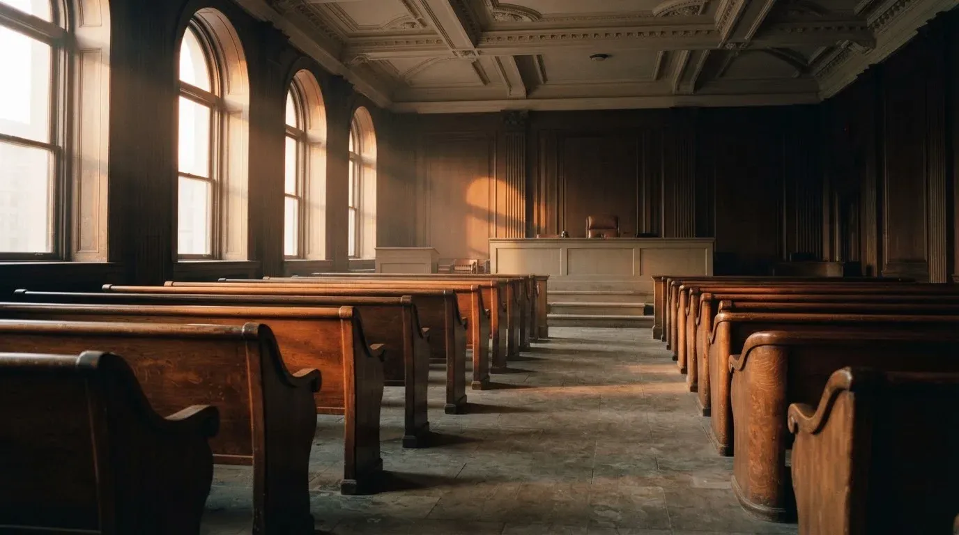 An empty courtroom with wooden benches in morning light