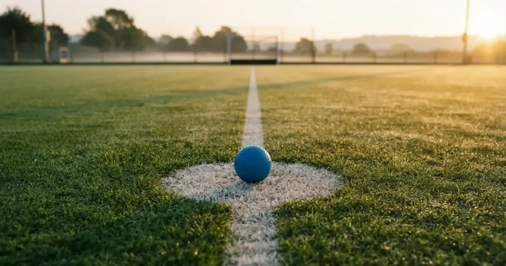 A ball on the centre spot of a grass pitch in morning light