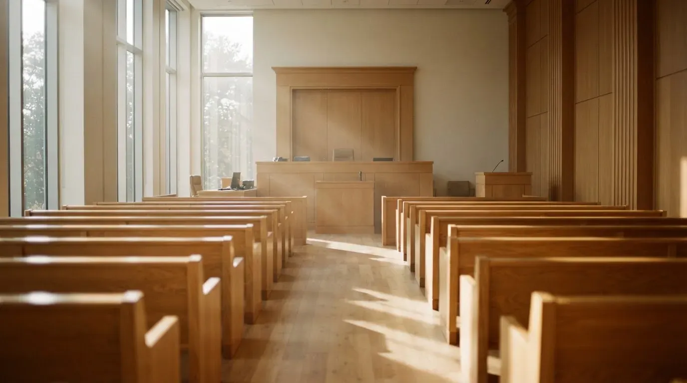 An empty courtroom with wooden benches in morning light