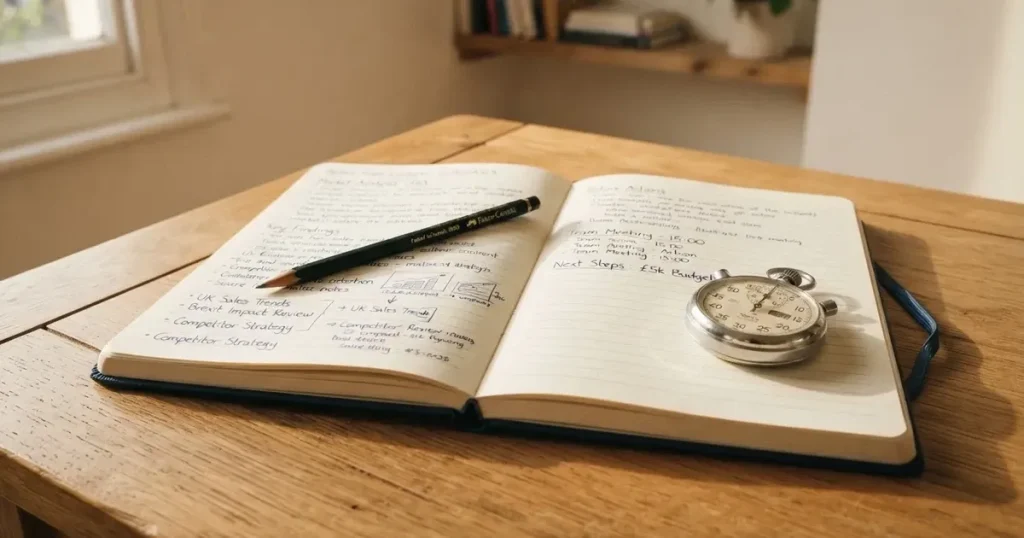 An open notebook with a pencil and a stopwatch on a wooden table