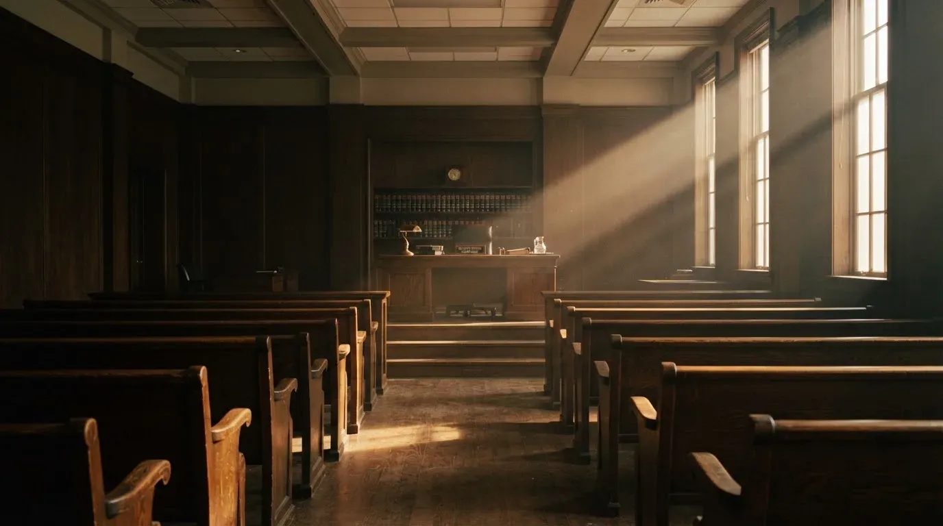 An empty courtroom with wooden benches in morning light