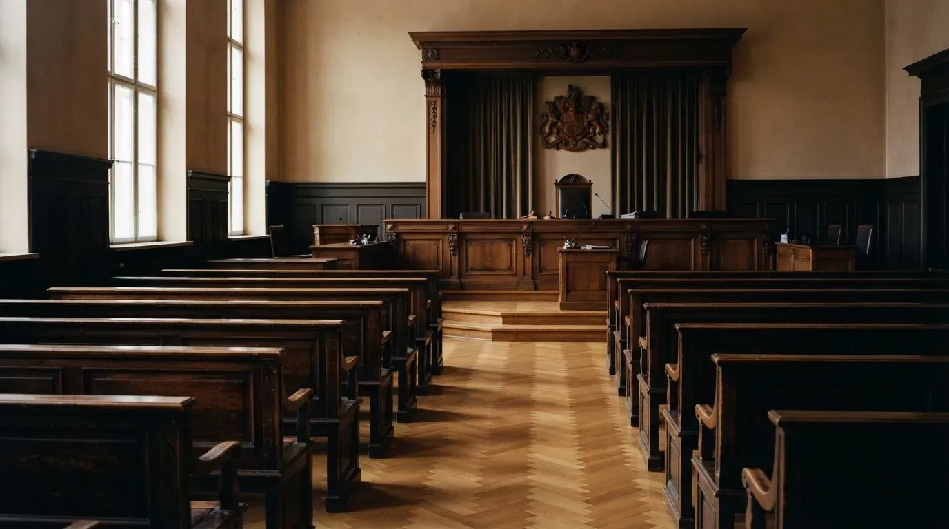 An empty courtroom with wooden benches in morning light