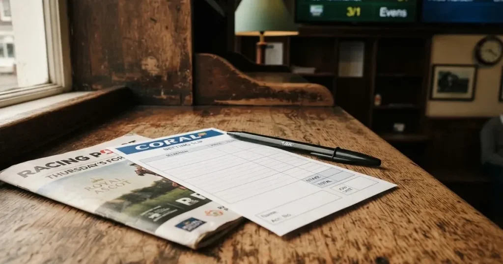 A blank paper betting slip beside a pen on a wooden counter