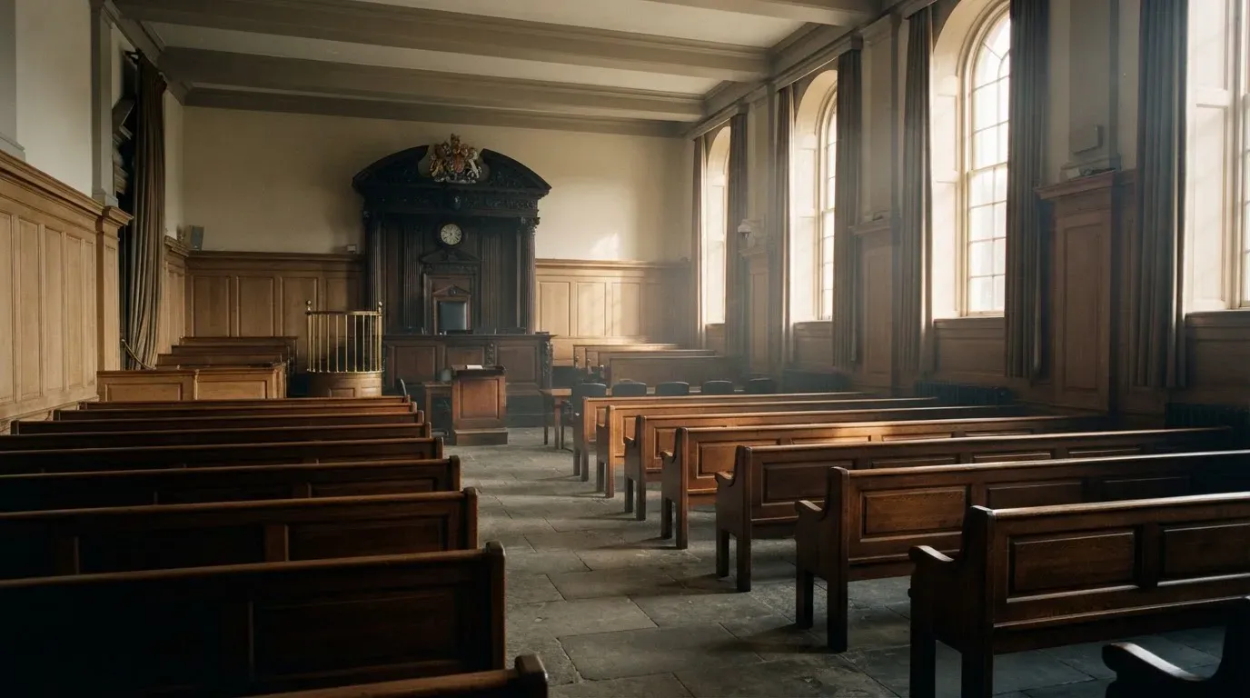 An empty courtroom with wooden benches in morning light