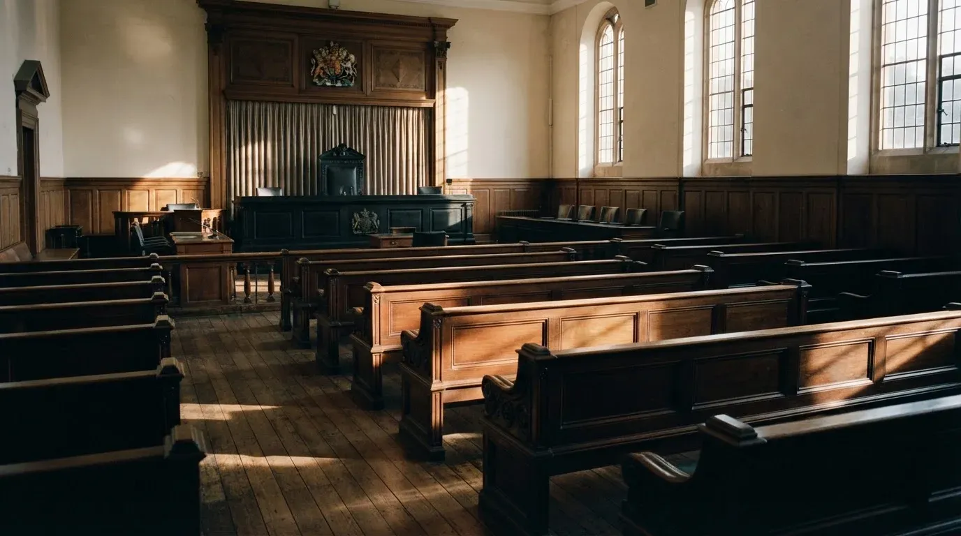 An empty courtroom with wooden benches in morning light